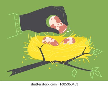 Illustration of a Hand Stealing an Egg from a Nest. Wildlife Crime