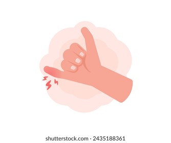 Illustration of a hand with a swollen little finger. The pinky finger enlarged and turned red. swollen and painful fingers. illness or health problems. Cartoon or flat style illustration design