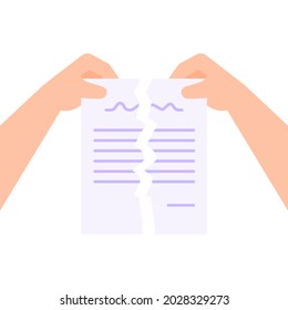 illustration of a hand tearing a letter of agreement or contract. symbol of rejected or incorrect document or file. flat cartoon style. vector design