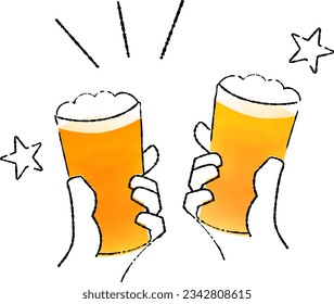 Illustration of a hand toasting with beer.Parts other than beer are transparent (line drawing).