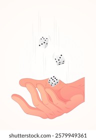 Illustration of a hand tossing three white dice in mid-air, symbolizing chance, risk, luck, and uncertainty on a light background