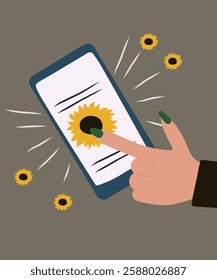 Illustration at Hand Touch NoteBook and Sunflowers