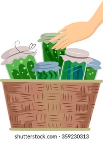 Illustration einer Hand, die einen Korb berührt, gefüllt mit Dosengemüse