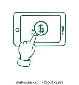 Illustration of hand touching a dollar sign on a tablet screen.