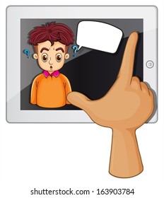 Illustration of a hand touching a gadget with a man thinking on a white background