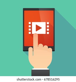 Illustration of a hand touching a tablet PC with a multimedia sign