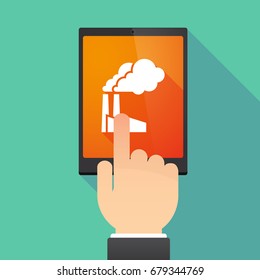 Illustration of a hand touching a tablet PC with a factory