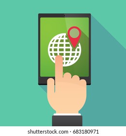 Illustration of a hand touching a tablet PC with a world globe