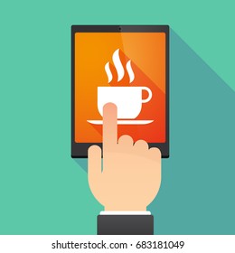 Illustration of a hand touching a tablet PC with a cup of coffee