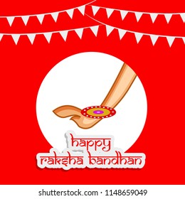 illustration of hand with traditional thread Rakhi with Happy Raksha bandhan text on the occasion of hindu festival Raksha Bandhan