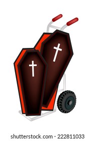 Illustration of Hand Truck or Dolly Loading Two Vampire Coffins For Halloween Celebration. 