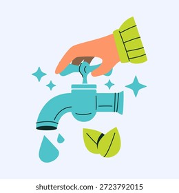 Uma ilustração de uma mão girando uma torneira, enfatizando a conservação da água e a responsabilidade ambiental. Celebra a importância de proteger os recursos naturais.