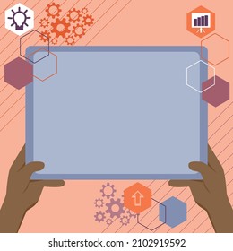 Illustration Of A Hand Using Big Tablet Searching Plans For New Amazing Ideas. Palm Drawing Holding Large Pad Finding Old Wonderful News For The Project.