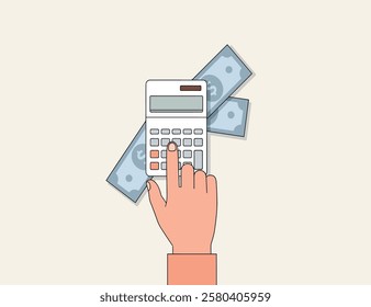 Illustration of a hand using a calculator on banknotes, finance concept	