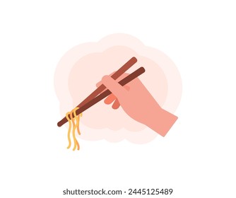 illustration of a hand using chopsticks to pick up noodles. eat noodles with chopsticks. tools for eating. food. flat or cartoon style illustration design. graphic elements. vector