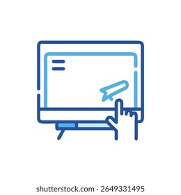Illustration of hand using a cursor on a blue computer monitor. Clean flat design with attention on simplicity.
