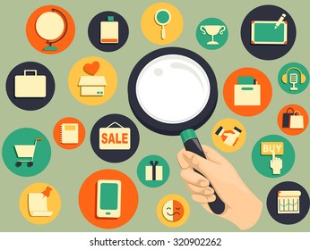 Illustration of a Hand Using a Magnifying Glass to Search for Web Icons
