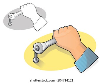 Illustration of a hand using an open end wrench to tighten a nut/Vector Wrench and Hand Icon