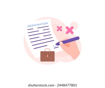 illustration of a hand using a pen to sign a resignation letter. provide a signature. documents to stop work. resign from work. flat style illustration concept design. graphic elements. vector