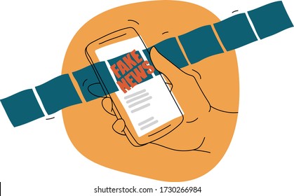 Illustration Of A Hand Using A Phone Or A Smartphone With The News Feed Open On The Screen, There Is A Big Red Fake News Flagging The Misinformation. Flat Cartoon Style Simple Vector Image