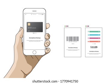 Ilustración de la mano usando un smartphone. vector de diseño de pantalla de smartphone.