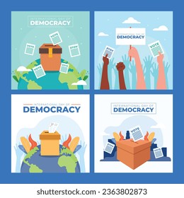 Illustration of hand voting and ballot box as a banner or poster for International Democracy Day on a light blue background.