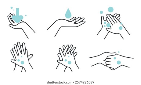 Illustration of hand washing steps. Six steps show washing hands with soap and water. Hand washing is crucial for hygiene. Clean hands prevent germs. Hygiene illustrations, vector set.