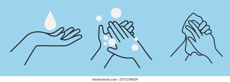 Illustration of hand washing steps: water drop, soapy hands, drying hands. Simple line art showing hygiene, cleanliness, and proper hand washing technique. Hygiene illustrations, vector set.