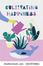 Illustration with a hand watering the succulents and cactuses in funny flower pots and glass terrarium, and geometric lettering "Cultivating happiness" in memphis style. Lovely card for Valentines day