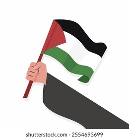 An illustration of a hand waving the Palestinian flag, symbolizing strength and resilience. The flag, with its colors, represents the enduring struggle for freedom and justice.