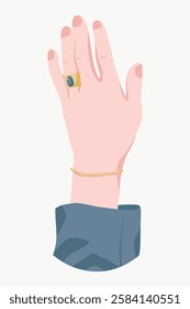 Illustration of a hand wearing a gold ring and bracelet. The hand is raised, fingers slightly spread. The sleeve is blue. Minimalist and stylish design. Vector isolated on white.