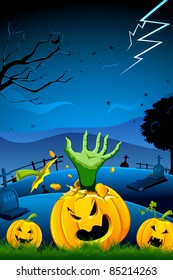illustration of hand of witch coming out of broken pumpkin