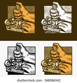 Illustration hand woodcarver in a hand drawing style