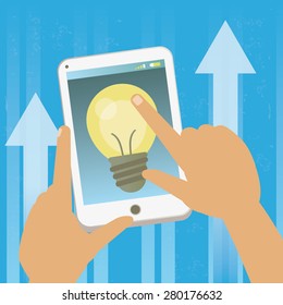 Illustration of a hand working an idea in the screen of a mobile phone. The grunge texture is removable from the background.
