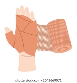 Illustration of hand wrapped in bandage,
brown roll wound around patient’s hand,
used in doctor and emergency care,
flat medical design for aid.
