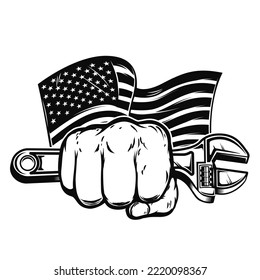 Illustration of hand with wrench on american flag background. Design element for poster, card, banner, sign, emblem. Vector illustration