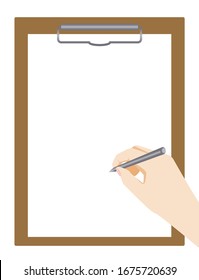 Illustration of hand writing on clipboard. Stationery. Vector data.