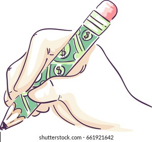 Illustration of a Hand Writing with a Pencil Wrapped in Money