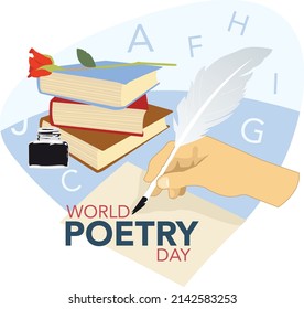 Illustration Of A Hand Writing Poetry On Paper With Ink Isolated On A White Background