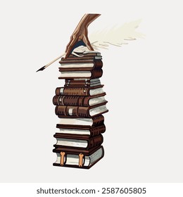 Illustration of a hand writing with a quill atop a tall stack of books. Books stacked high, quill in hand, writing. Books and quill in a creative design. Vintage art illustration, vector.