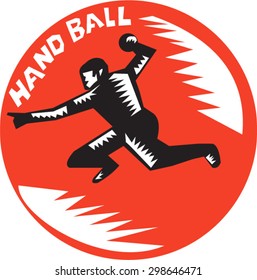 Illustration of a handball player jumping striking throwing ball viewed from side set inside circle with the word Handball in the background done in retro woodcut style. 