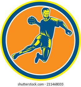 Illustration of a handball player jumping throwing ball scoring set inside circle on isolated background done in retro woodcut style