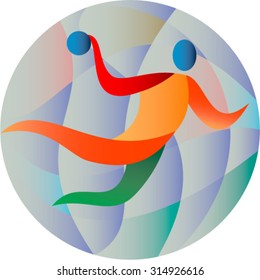 Illustration of a handball player jumping throwing ball scoring set inside circle done in retro style. 