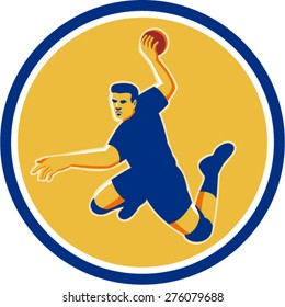 Illustration of a handball player striking jumping throwing ball viewed from front set inside circle on isolated background done in retro style. 