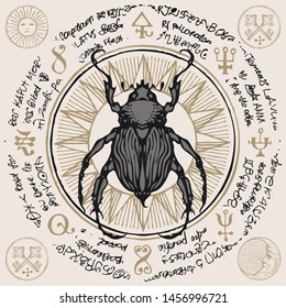 Illustration of a hand-drawn beetle on an old abstract illegible text written in a circle with magical inscriptions and symbols. Vector banner in retro style