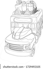 Illustration of a hand-drawn bus in the form of a contour for the possibility of coloring. A chicken bus is a decorated bus that transports goods and people to different countries in Latin America.