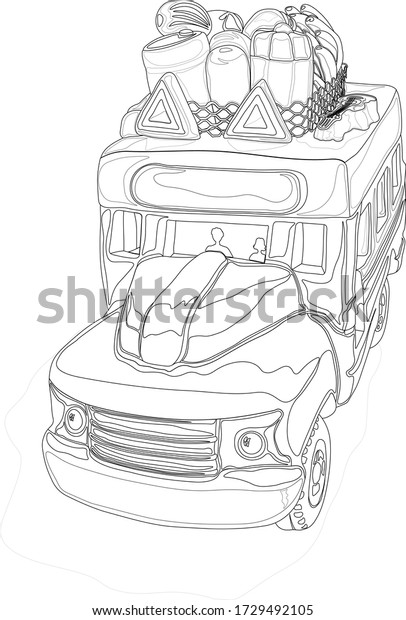 Illustration of a hand-drawn bus in the form of\
a contour for the possibility of coloring. A chicken bus is a\
decorated bus that transports goods and people to different\
countries in Latin\
America.