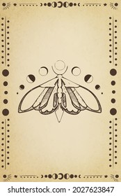  illustration, hand-drawn butterfly. Abstract mystical sign. Sky pattern in old engraving style. Vector set of sacred geometric and natural symbols on a black background. Abstract coll