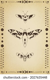  illustration, hand-drawn butterfly. Abstract mystical sign. Sky pattern in old engraving style. Vector set of sacred geometric and natural symbols on a black background. Abstract coll