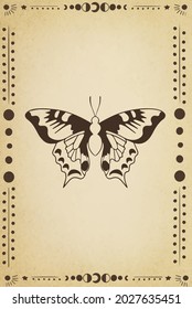  illustration, hand-drawn butterfly. Abstract mystical sign. Sky pattern in old engraving style. Vector set of sacred geometric and natural symbols on a black background. Abstract coll
